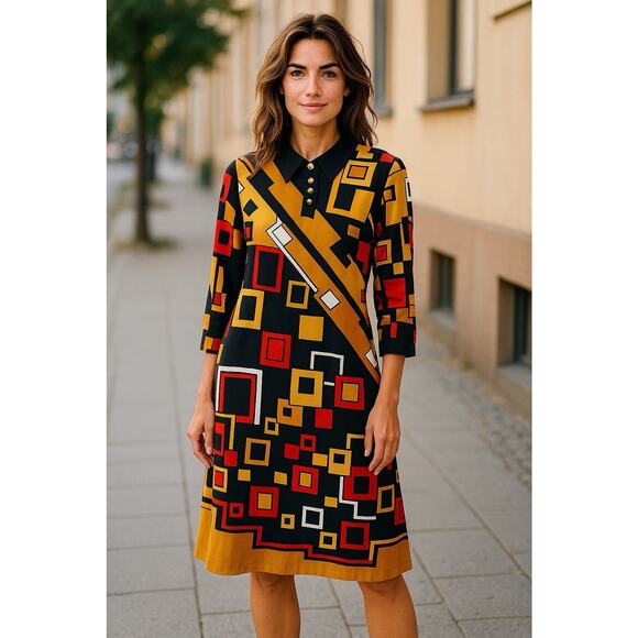 True Vintage 70s Francis X Dress Size M Mcm Long Sleeve Psychedelic Mod Abstract - Picture 1 of 5
